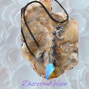 Opalite Crystal Moon Pendant Necklace with Hematite Beads | Gothic Corded Choker